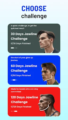 Choose challenge screen showing 30, 60, and 120 days jawline challenge options with progress tracking for face exercises