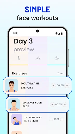 Simple face workouts screen displaying Day 3 preview with exercises: mouthwash, massage your face, tilt your head