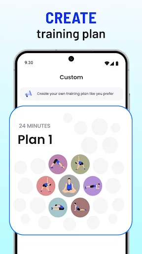 Create custom training plan screen with 24-minute Plan 1 featuring face yoga exercise icons for jawline improvement