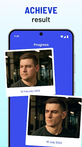 Progress tracking screen with before and after face photos dated February and July 2025 showing jawline results