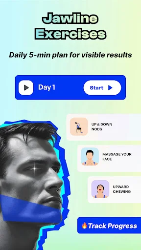 Daily 5-minute jawline exercise plan for Day 1 with visible results featuring up & down nods, massage, upward chewing