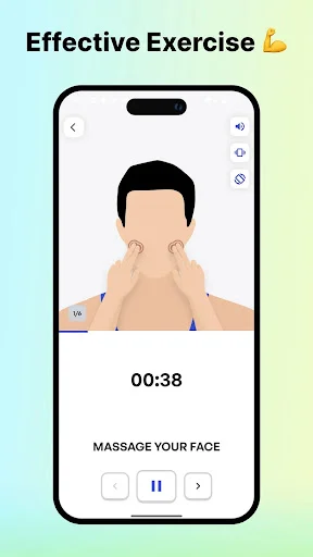 Effective face massage exercise demonstration with 38-second timer and pause controls for jawline workout routine