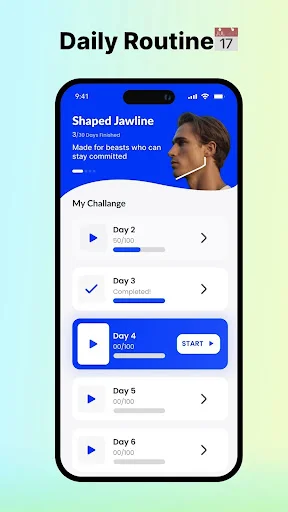 Daily routine calendar showing shaped jawline challenge progress with Days 2-6 and Day 4 highlighted to start