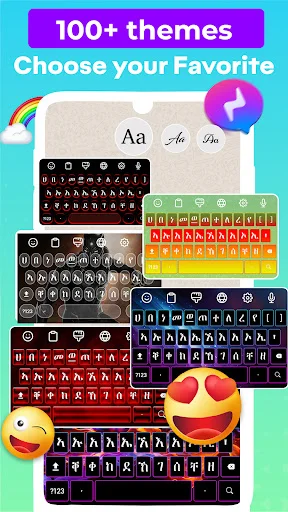 100+ keyboard themes preview showcasing diverse color schemes and design styles for customizing Amharic keyboard