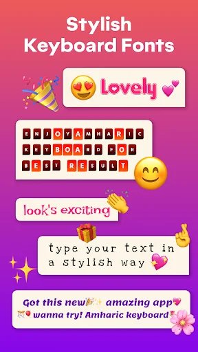 Stylish keyboard fonts featuring decorative text variations and multiple font theme options for personalized Amharic typing