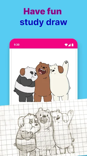 Learn To Draw Step By Step app showing sketch tutorial of three bears with finished colored version above