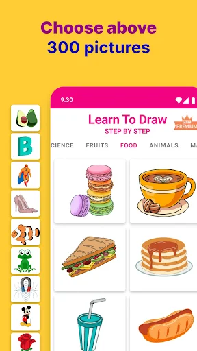 Drawing app gallery displaying over 300 pictures including food items like macarons, coffee, sandwiches and pancakes