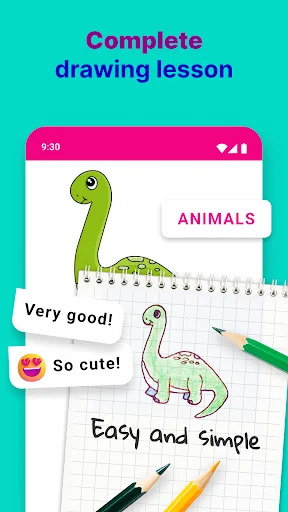 Complete drawing lesson screen showing dinosaur tutorial with encouraging feedback and simple step-by-step instructions