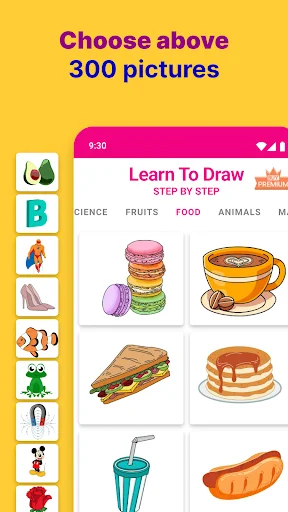 Art learning app home screen with 300+ drawing categories including food, animals, fruits in organized gallery