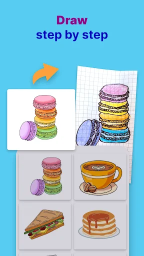 Food drawing tutorials showing macarons, coffee cup, sandwich and pancakes in step-by-step format