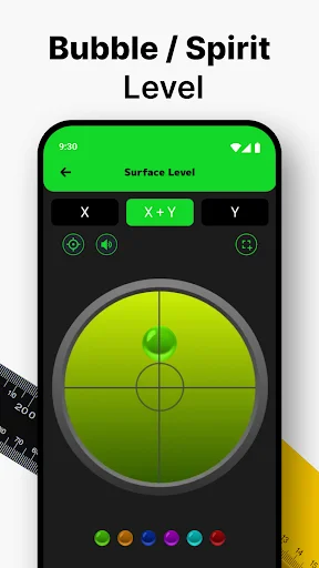 Bubble Level app main screen showing circular spirit level with green bubble indicator and X Y measurement modes