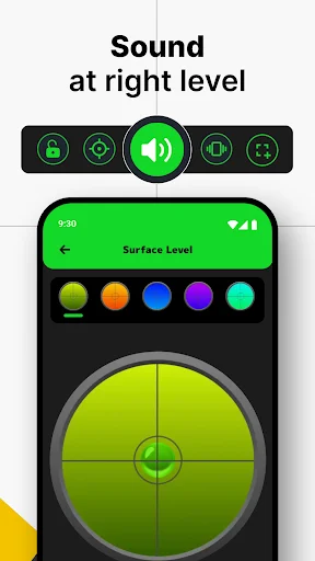 Spirit level app with sound notification feature enabled showing green bubble level indicator at center position