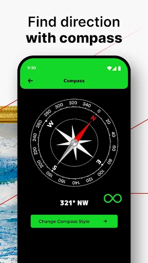 Compass feature in bubble level app displaying 321 degrees NW direction with compass style options