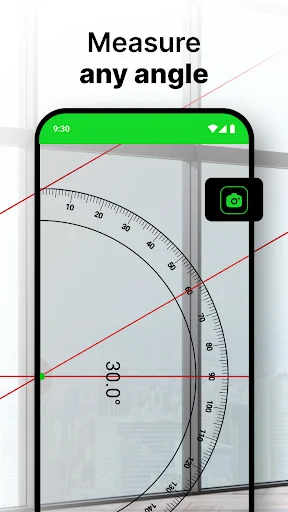 Angle measurement tool using phone camera showing 30 degree angle measurement with protractor overlay