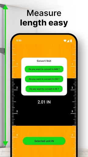 Length measurement tool with unit conversion options for MM CM and IN showing 2.01 inch measurement