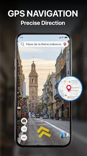 GPS Navigation with precise turn-by-turn directions, street view, and compass guidance for routes