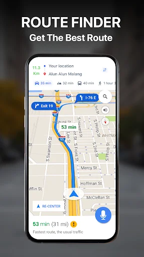 Route Finder displaying optimal navigation path with distance, time estimates, and fastest route options