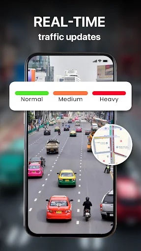 Real-time traffic updates showing live traffic density conditions with Normal, Medium, and Heavy indicators
