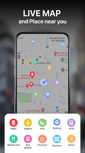 Live Map showing nearby places of interest including hotels, airports, restaurants, parks, and ATMs