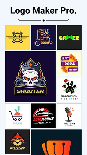 Logo Maker Pro gallery showcasing 5000+ professional logo templates including gaming, sports, and business designs