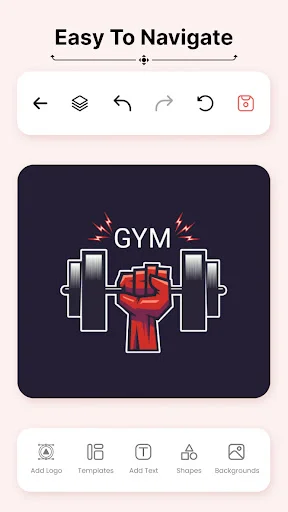 Logo editor navigation showing gym logo design with undo, redo, and layer controls