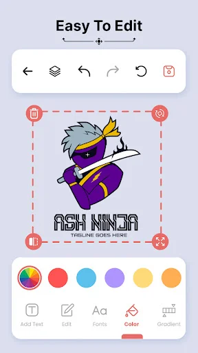 Logo editing interface with anime ninja character and color customization palette