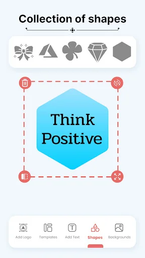 Shape collection tool displaying hexagon badge with Think Positive motivational text