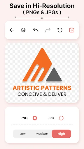 Save logo in high-resolution PNG or JPG format with quality settings - Logo Maker app export screen