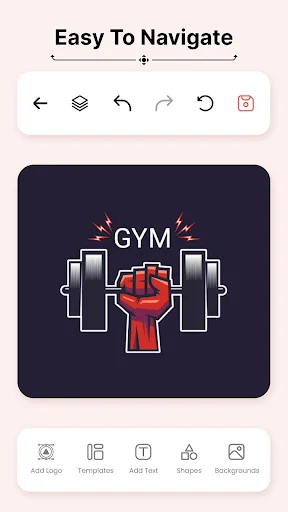 Easy to navigate logo editor interface showing gym fitness logo with editing toolbar