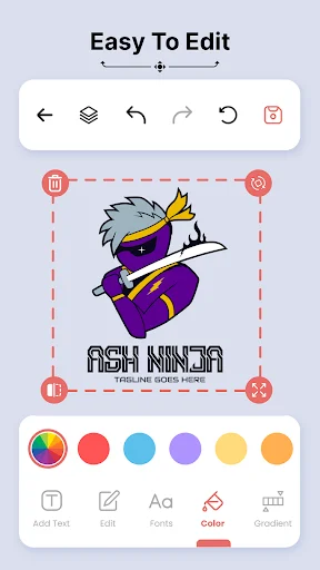 Easy to edit logo screen with ninja character design and color palette customization tools