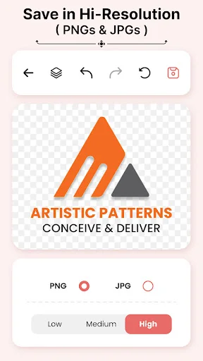 High-resolution export screen for saving logos as PNG or JPG files with quality options