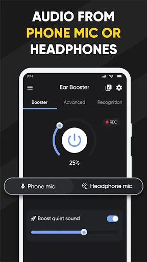 Loud Headphones Volume Booster app showing audio source selection between phone mic and headphone mic with boost controls