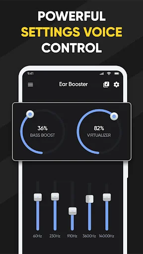 Volume booster equalizer settings with bass boost and virtualizer controls plus 5-band frequency adjustment sliders