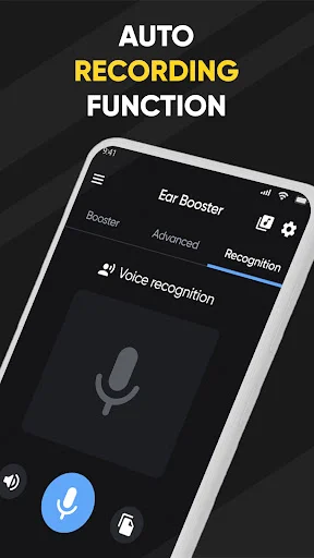 Voice recognition auto recording feature in Ear Booster app with microphone activation button for audio capture