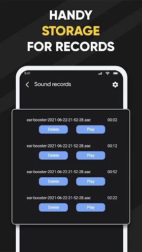 Sound records storage screen displaying saved audio recordings with playback and delete options for each file