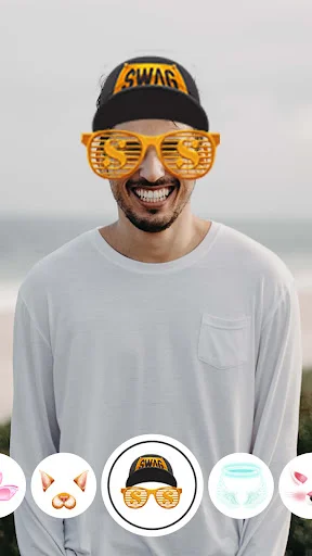Face camera filters with swag cap and gold sunglasses, showing filter selection for pictures