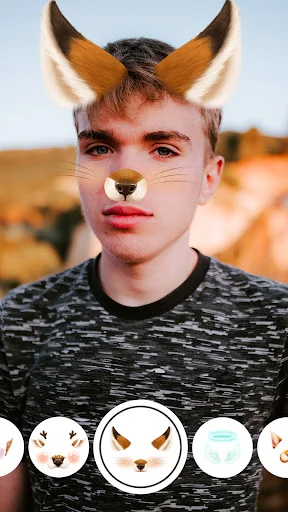 Fox face filter with ears whiskers and nose in Face Live Camera showing animal effects