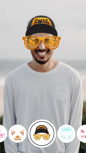 Face camera filters showing swag hat and sunglasses effect with filter carousel menu for photo editing