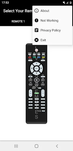 Magnavox remote app menu popup with options for About, Not Working, Privacy Policy, and Exit settings