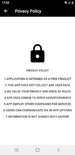 Privacy Policy screen with lock icon displaying app terms regarding data collection, privacy practices, and advertisements