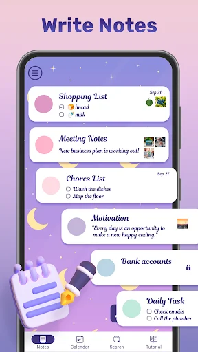 My Color Note Notepad app main screen showing colorful sticky notes list with shopping, meeting, chores, motivation notes