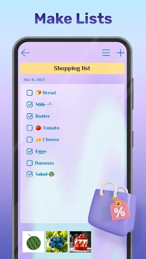 Shopping list checklist in My Color Note app with emoji icons and checkboxes for grocery items organization