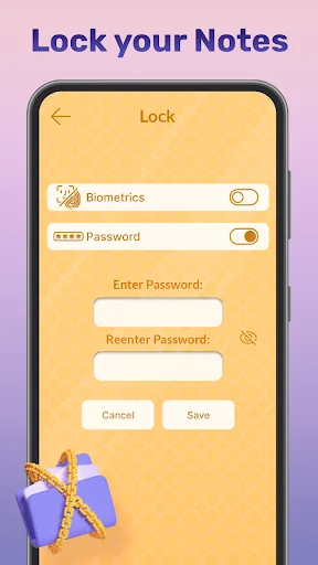 Note security settings in My Color Note with biometric lock and password protection for private notepad entries