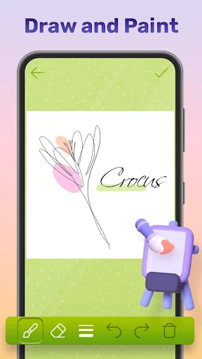 Creative drawing canvas in My Color Note app showing hand-drawn crocus illustration with paint and sketch tools