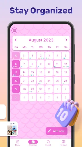 Stay organized with My Color Note calendar view showing August 2023 monthly calendar with note indicators and add button