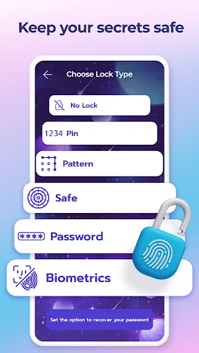 Secret diary app security screen showing lock options: PIN, Pattern, Safe, Password, and Biometric fingerprint