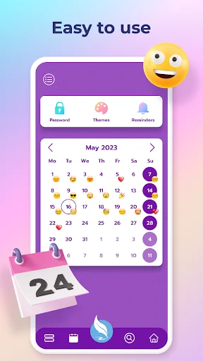 Diary calendar view for May 2023 with emoji mood tracker showing daily entries and colorful date markers