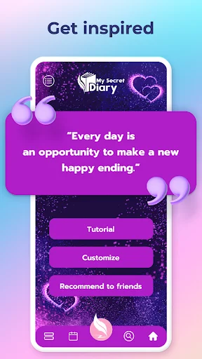 Inspirational quote screen in diary app: Every day is an opportunity to make a new happy ending
