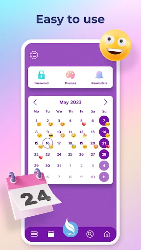 Monthly calendar interface with emoji mood indicators and navigation tabs for Password, Themes, and Reminders