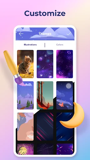 Diary theme picker with illustrations tab showing customizable backgrounds like galaxy, cat, and landscape images